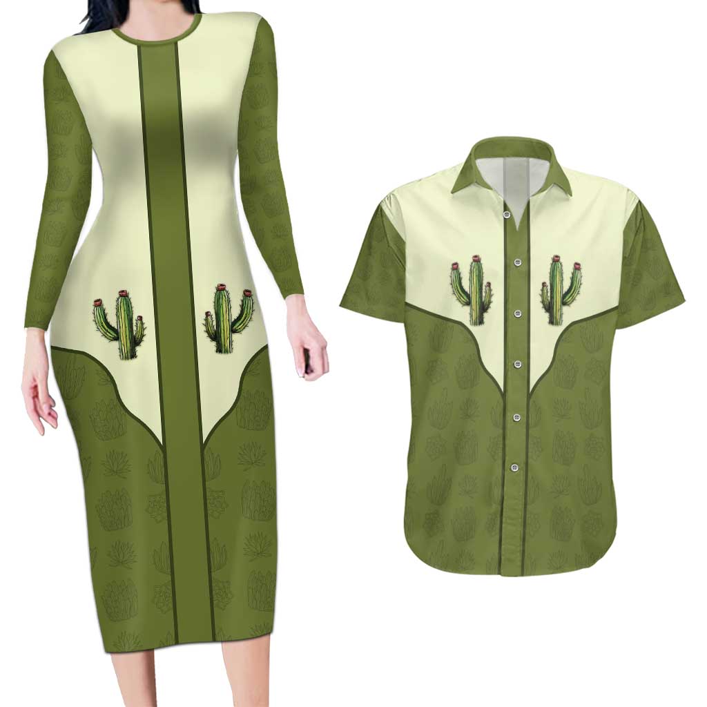 Cowboy Couples Matching Long Sleeve Bodycon Dress and Hawaiian Shirt Cactus Retro Western Yoke - Wonder Print Shop