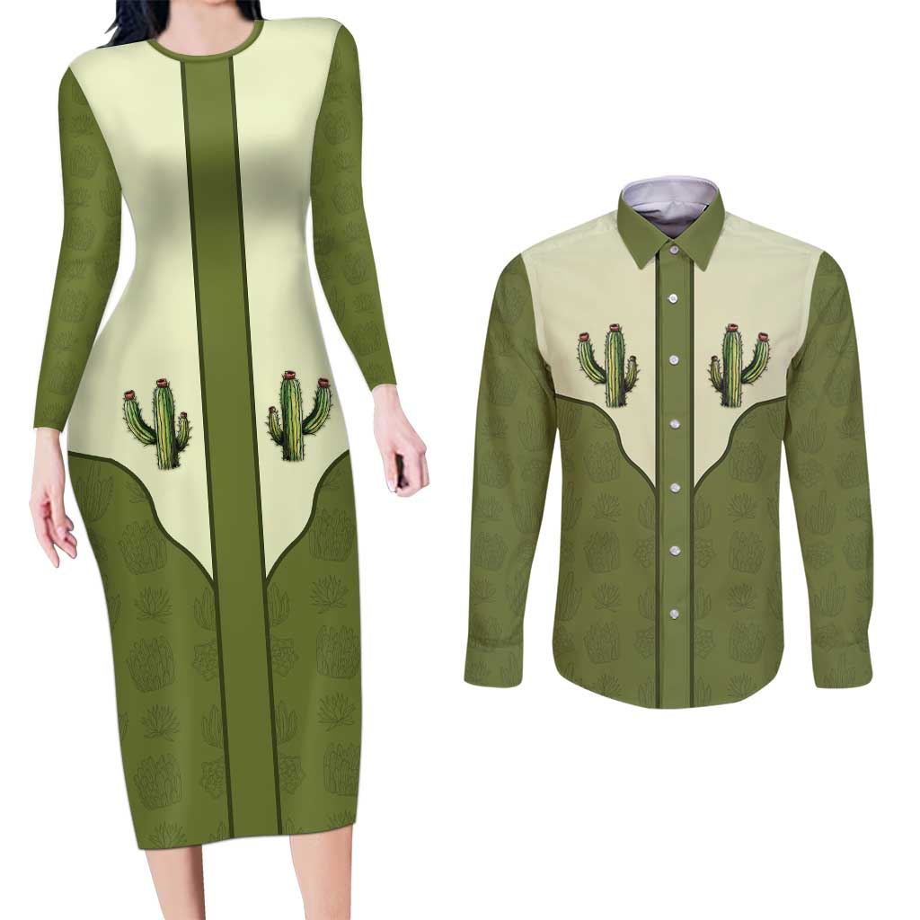 Cowboy Couples Matching Long Sleeve Bodycon Dress and Long Sleeve Button Shirt Cactus Retro Western Yoke - Wonder Print Shop