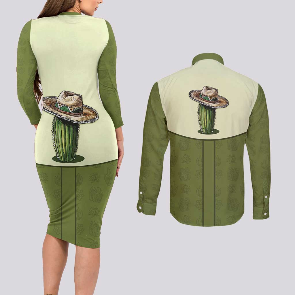 Cowboy Couples Matching Long Sleeve Bodycon Dress and Long Sleeve Button Shirt Cactus Retro Western Yoke - Wonder Print Shop