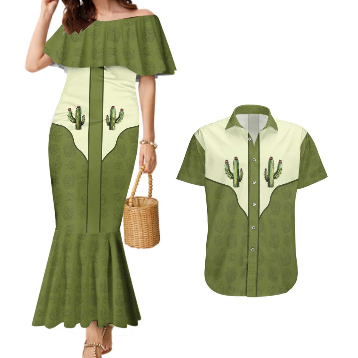 Cowboy Couples Matching Mermaid Dress and Hawaiian Shirt Cactus Retro Western Yoke - Wonder Print Shop