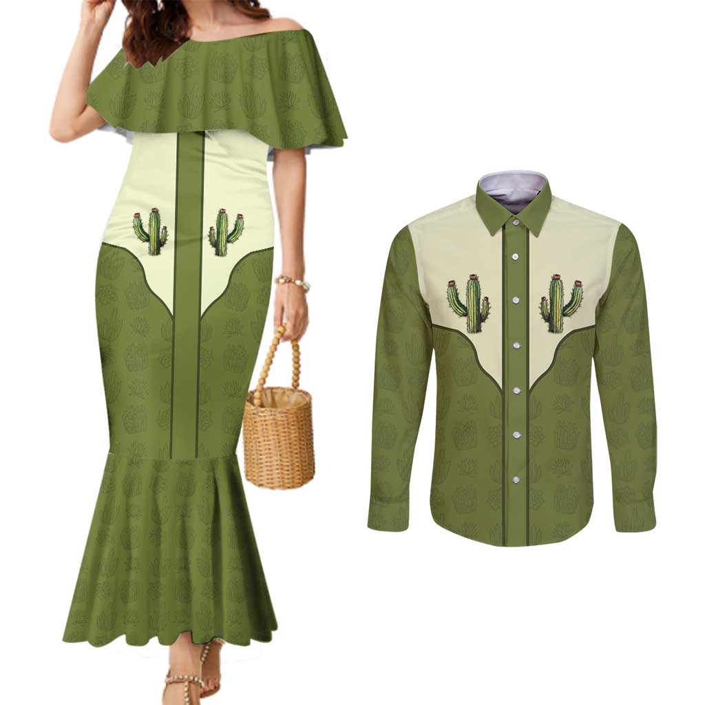 Cowboy Couples Matching Mermaid Dress and Long Sleeve Button Shirt Cactus Retro Western Yoke - Wonder Print Shop