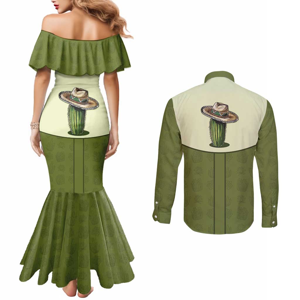 Cowboy Couples Matching Mermaid Dress and Long Sleeve Button Shirt Cactus Retro Western Yoke - Wonder Print Shop
