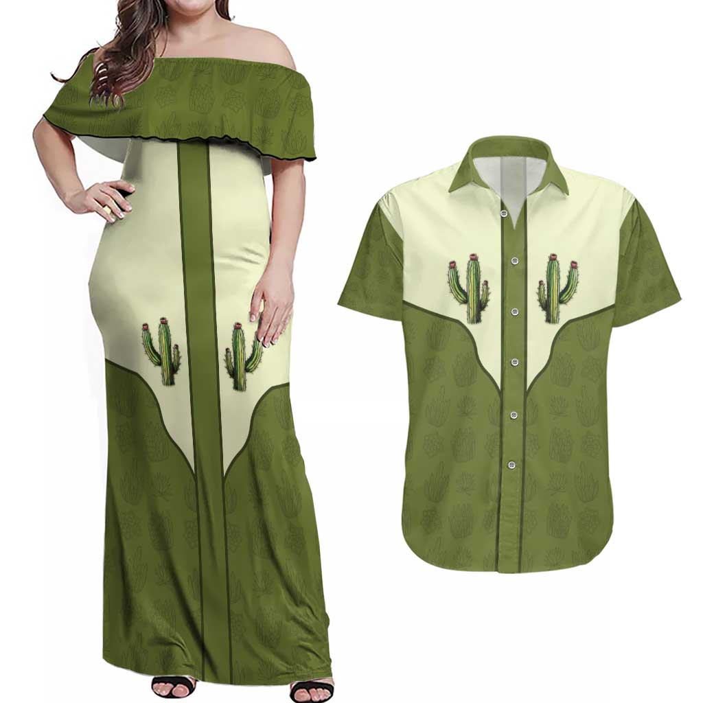 Cowboy Couples Matching Off Shoulder Maxi Dress and Hawaiian Shirt Cactus Retro Western Yoke - Wonder Print Shop