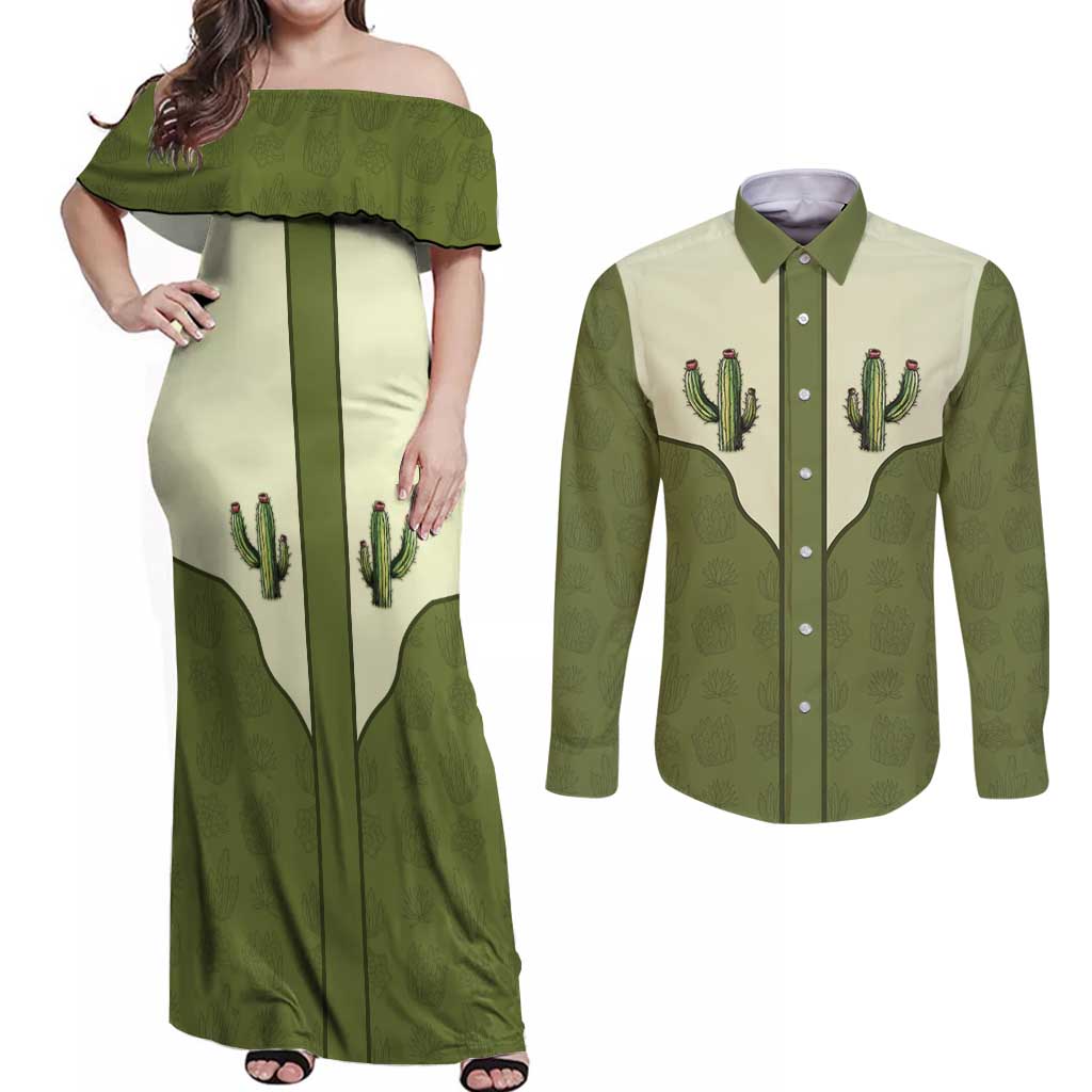 Cowboy Couples Matching Off Shoulder Maxi Dress and Long Sleeve Button Shirt Cactus Retro Western Yoke - Wonder Print Shop