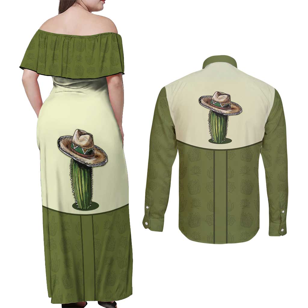 Cowboy Couples Matching Off Shoulder Maxi Dress and Long Sleeve Button Shirt Cactus Retro Western Yoke - Wonder Print Shop