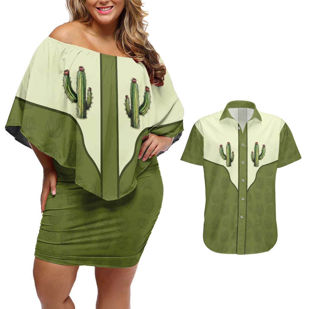 Cowboy Couples Matching Off Shoulder Short Dress and Hawaiian Shirt Cactus Retro Western Yoke - Wonder Print Shop