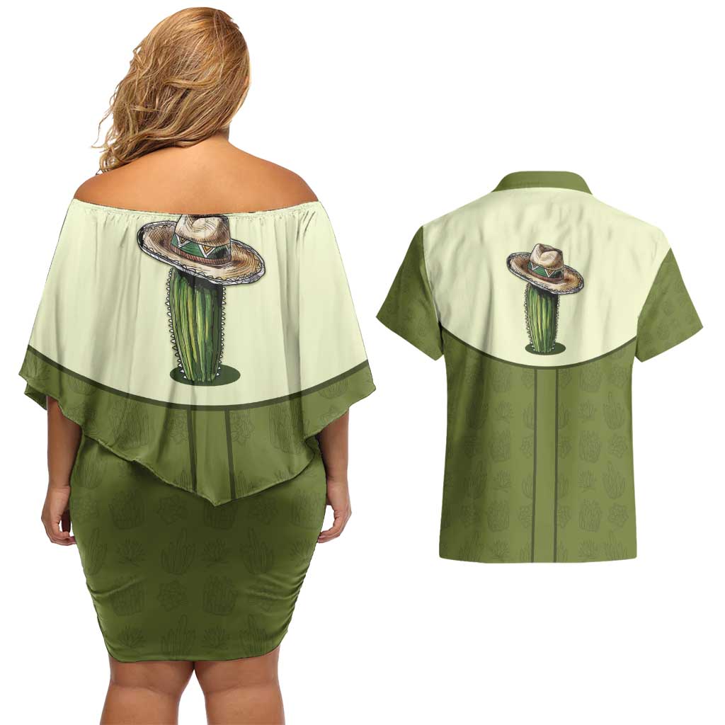 Cowboy Couples Matching Off Shoulder Short Dress and Hawaiian Shirt Cactus Retro Western Yoke - Wonder Print Shop