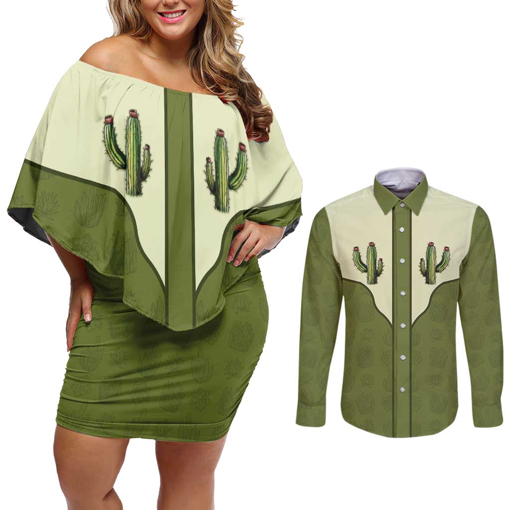 Cowboy Couples Matching Off Shoulder Short Dress and Long Sleeve Button Shirt Cactus Retro Western Yoke - Wonder Print Shop