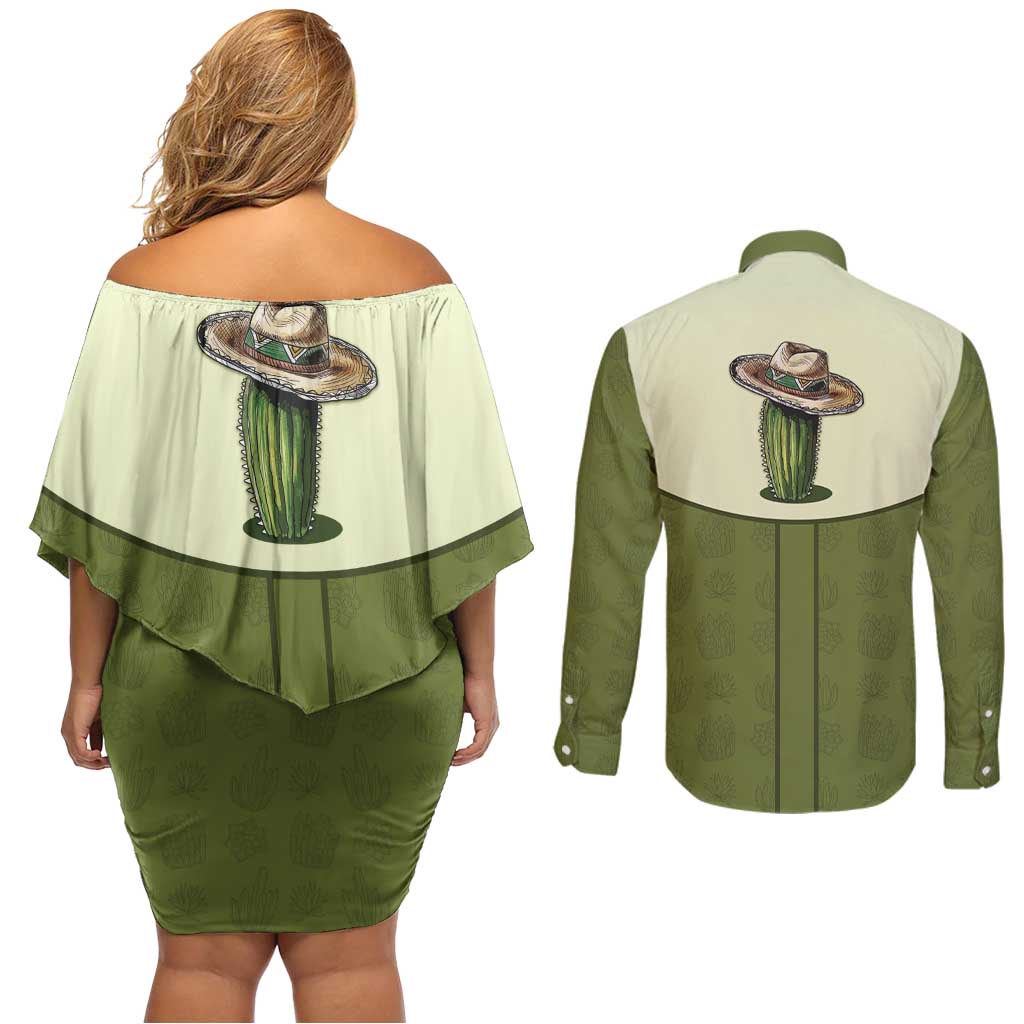 Cowboy Couples Matching Off Shoulder Short Dress and Long Sleeve Button Shirt Cactus Retro Western Yoke - Wonder Print Shop