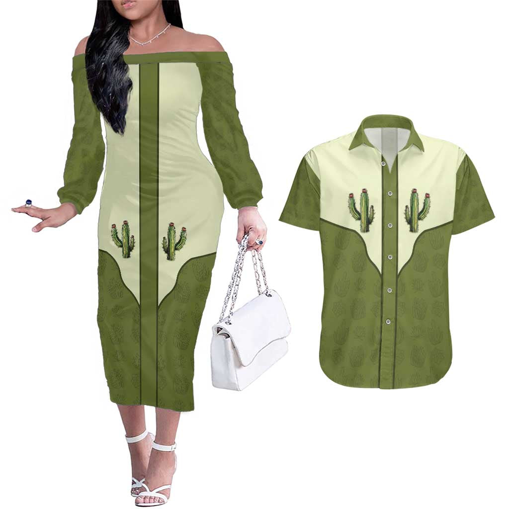 Cowboy Couples Matching Off The Shoulder Long Sleeve Dress and Hawaiian Shirt Cactus Retro Western Yoke - Wonder Print Shop