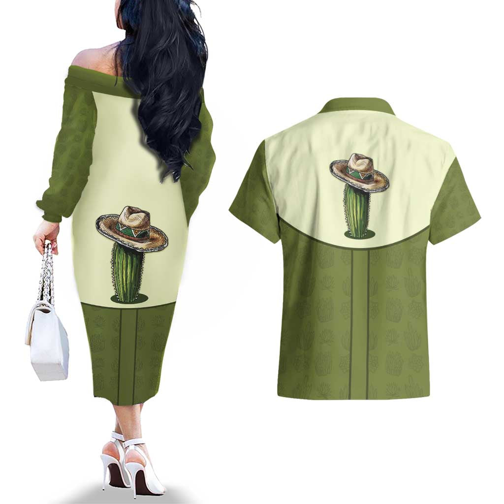 Cowboy Couples Matching Off The Shoulder Long Sleeve Dress and Hawaiian Shirt Cactus Retro Western Yoke - Wonder Print Shop