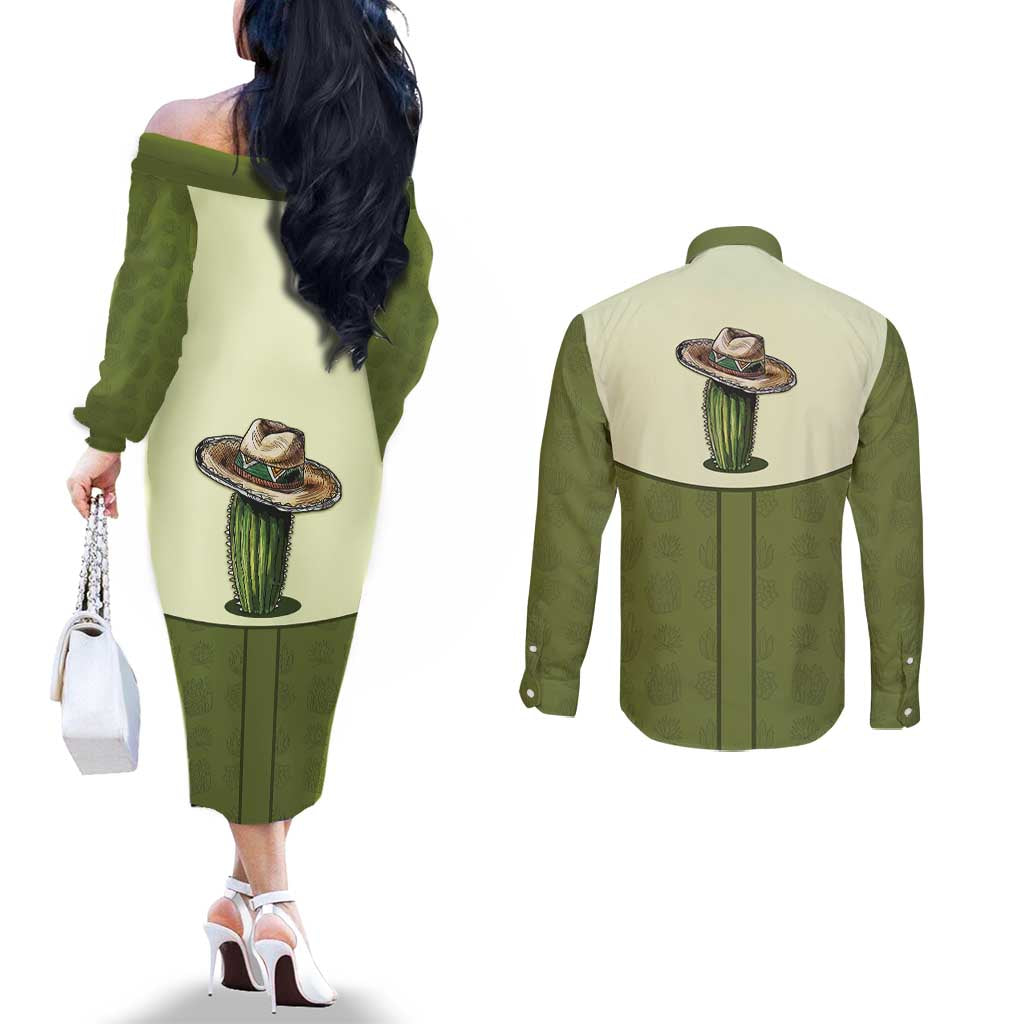 Cowboy Couples Matching Off The Shoulder Long Sleeve Dress and Long Sleeve Button Shirt Cactus Retro Western Yoke - Wonder Print Shop