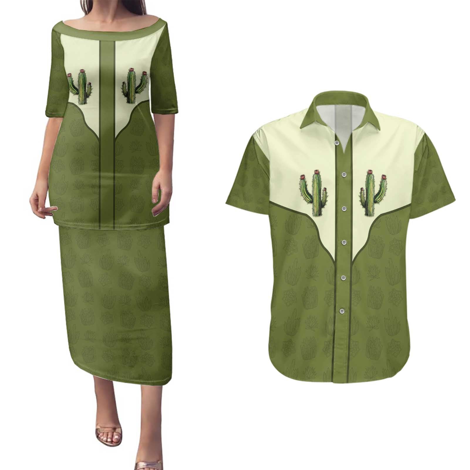 Cowboy Couples Matching Puletasi and Hawaiian Shirt Cactus Retro Western Yoke - Wonder Print Shop
