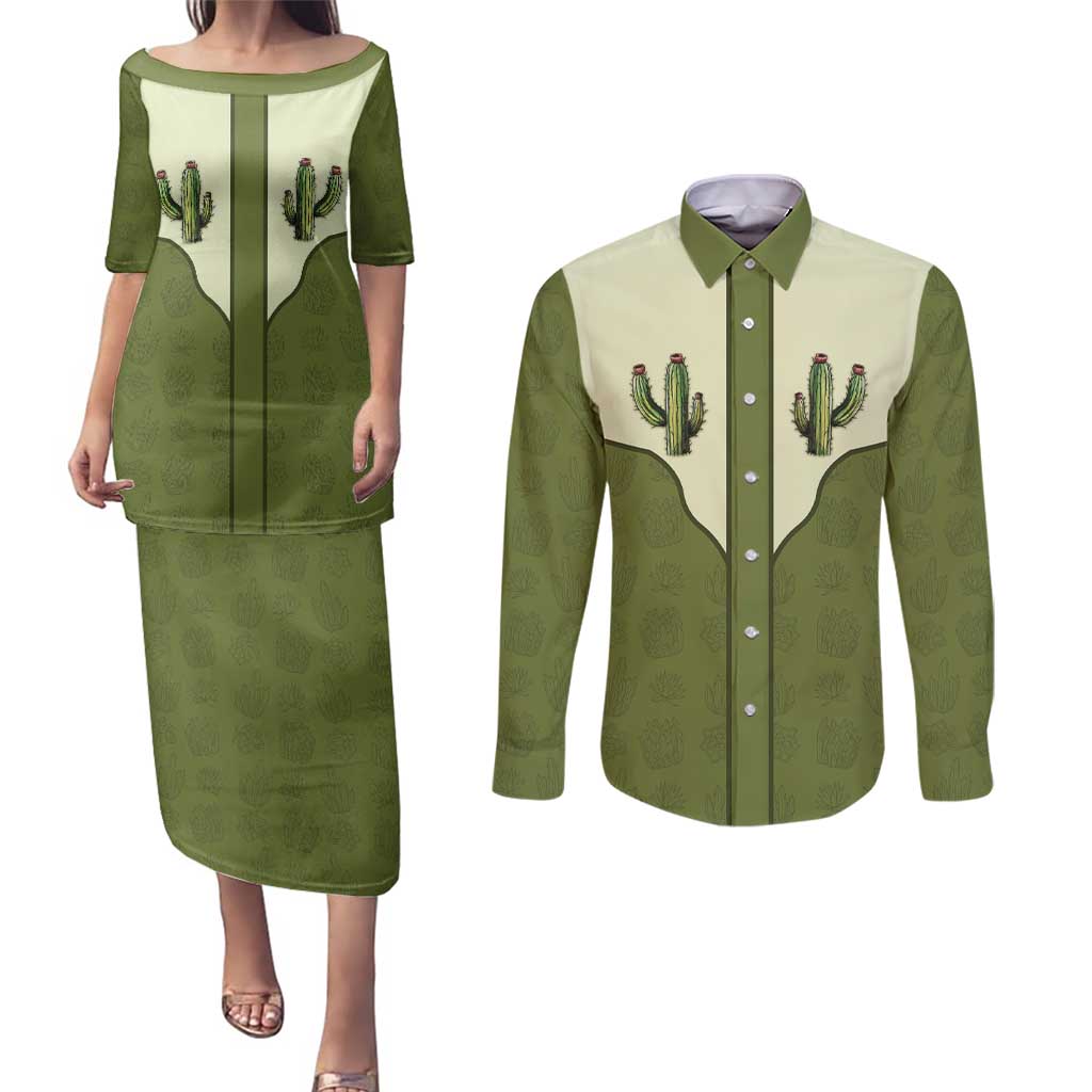 Cowboy Couples Matching Puletasi and Long Sleeve Button Shirt Cactus Retro Western Yoke - Wonder Print Shop