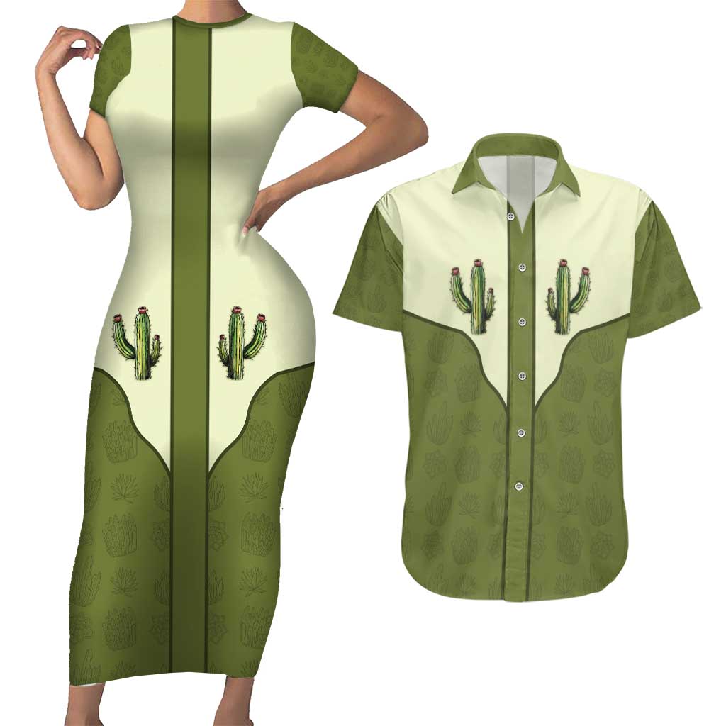Cowboy Couples Matching Short Sleeve Bodycon Dress and Hawaiian Shirt Cactus Retro Western Yoke - Wonder Print Shop