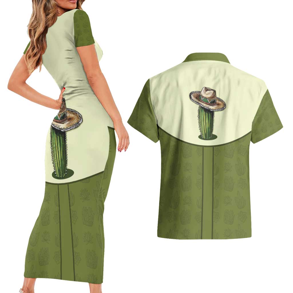 Cowboy Couples Matching Short Sleeve Bodycon Dress and Hawaiian Shirt Cactus Retro Western Yoke - Wonder Print Shop
