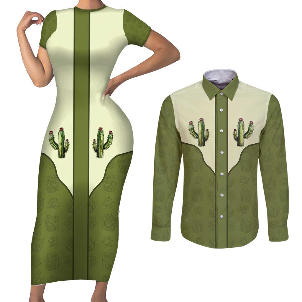 Cowboy Couples Matching Short Sleeve Bodycon Dress and Long Sleeve Button Shirt Cactus Retro Western Yoke - Wonder Print Shop