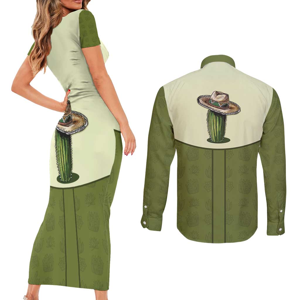 Cowboy Couples Matching Short Sleeve Bodycon Dress and Long Sleeve Button Shirt Cactus Retro Western Yoke - Wonder Print Shop