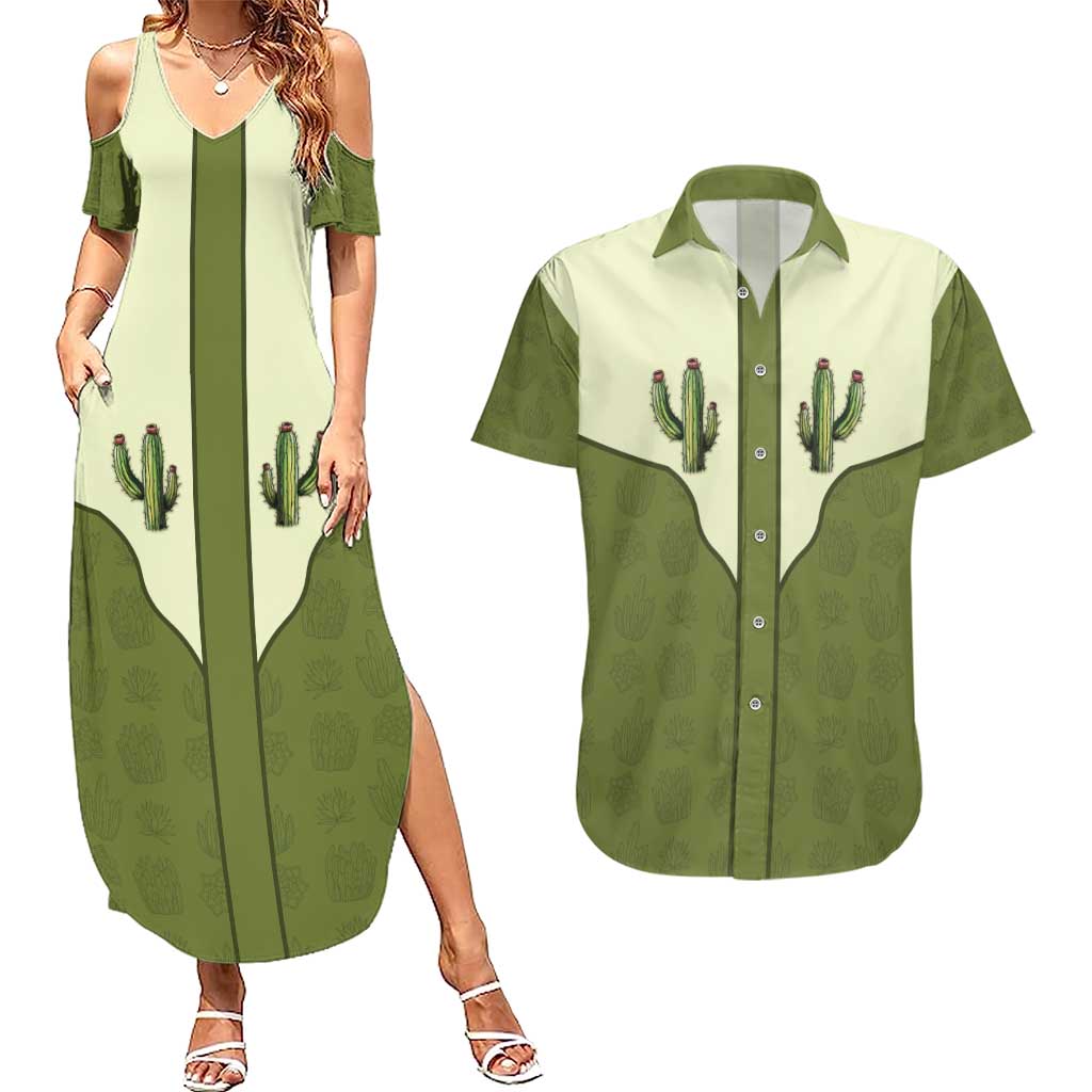 Cowboy Couples Matching Summer Maxi Dress and Hawaiian Shirt Cactus Retro Western Yoke - Wonder Print Shop