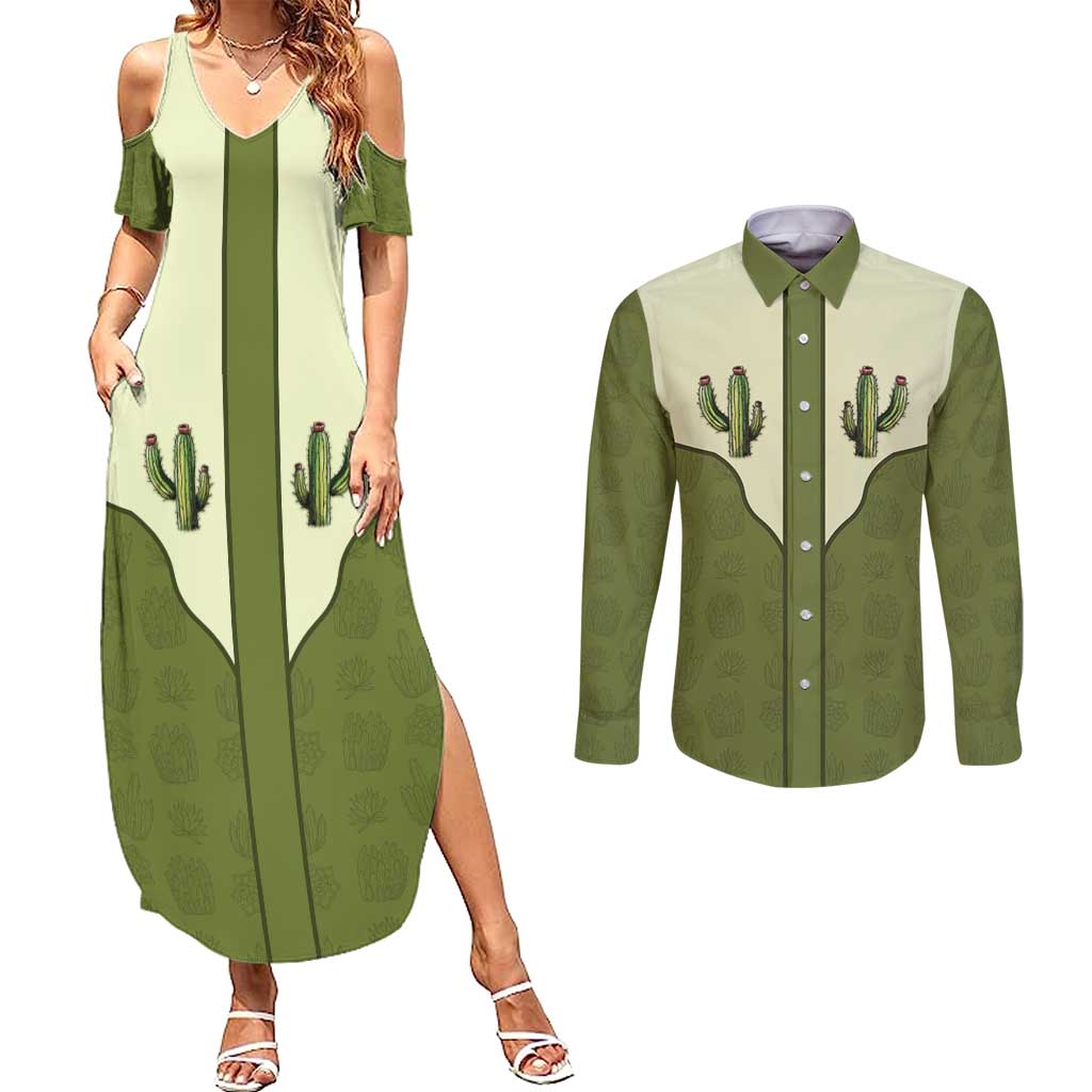 Cowboy Couples Matching Summer Maxi Dress and Long Sleeve Button Shirt Cactus Retro Western Yoke - Wonder Print Shop