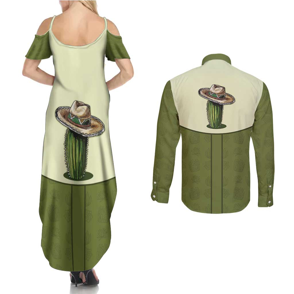 Cowboy Couples Matching Summer Maxi Dress and Long Sleeve Button Shirt Cactus Retro Western Yoke - Wonder Print Shop