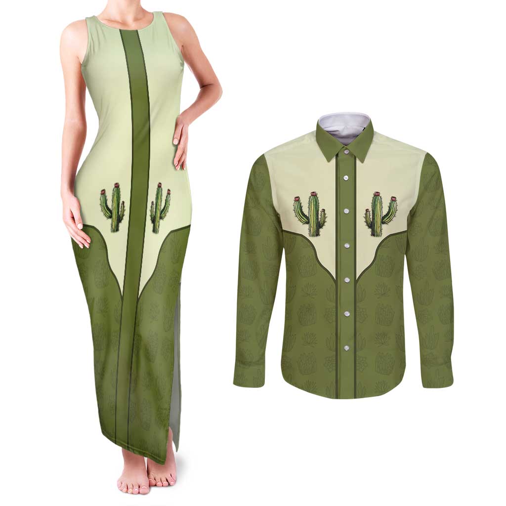 Cowboy Couples Matching Tank Maxi Dress and Long Sleeve Button Shirt Cactus Retro Western Yoke - Wonder Print Shop