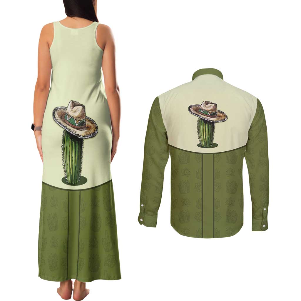 Cowboy Couples Matching Tank Maxi Dress and Long Sleeve Button Shirt Cactus Retro Western Yoke - Wonder Print Shop