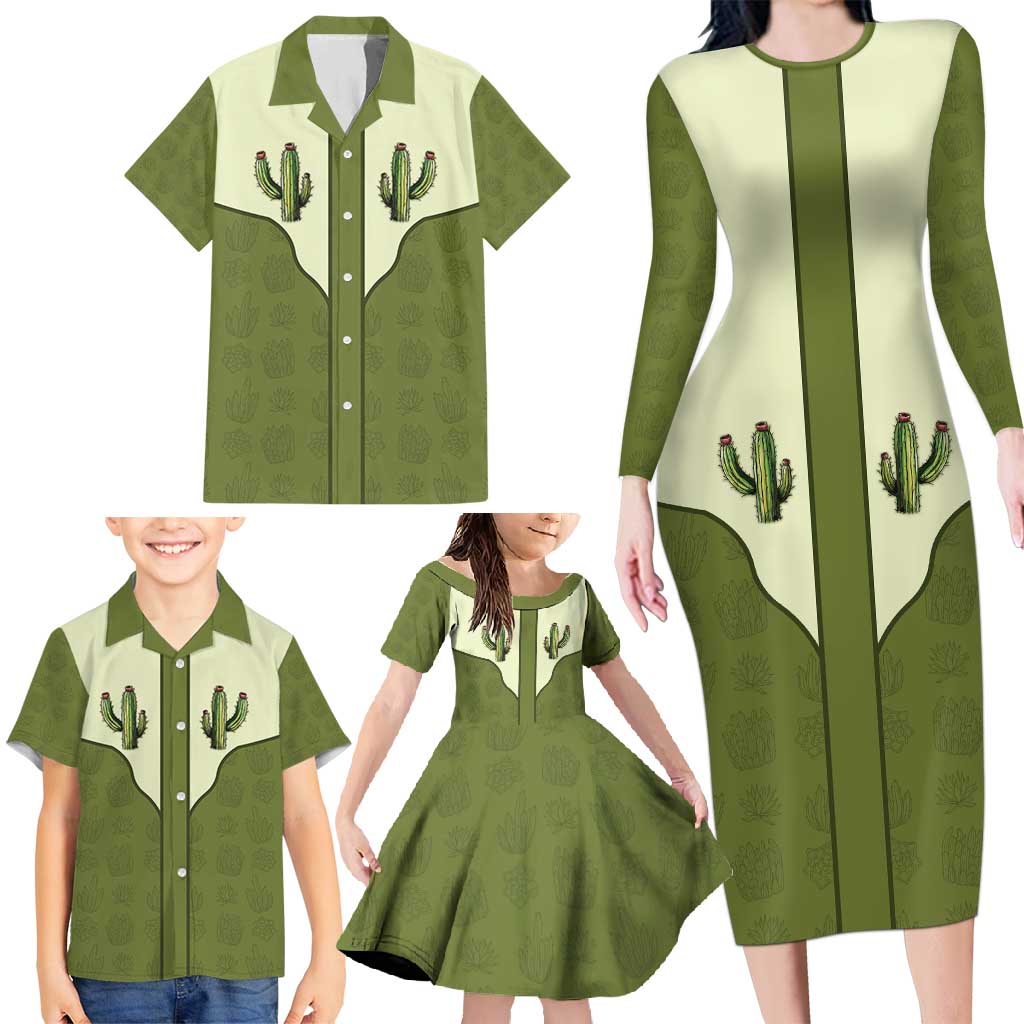 Cowboy Family Matching Long Sleeve Bodycon Dress and Hawaiian Shirt Cactus Retro Western Yoke - Wonder Print Shop