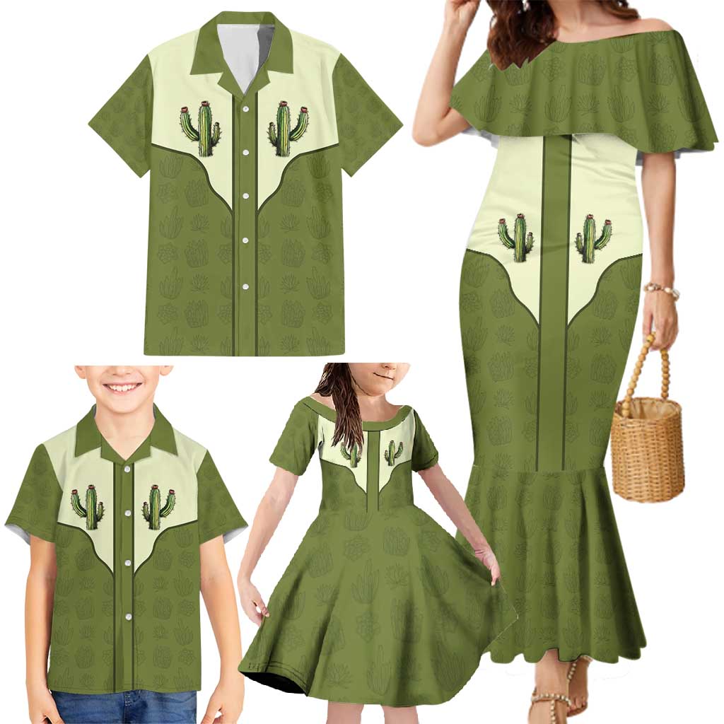 Cowboy Family Matching Mermaid Dress and Hawaiian Shirt Cactus Retro Western Yoke - Wonder Print Shop