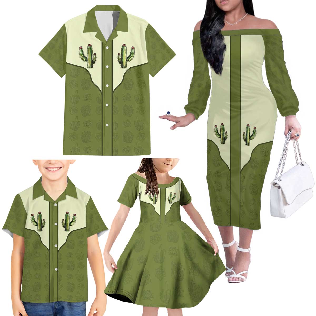 Cowboy Family Matching Off The Shoulder Long Sleeve Dress and Hawaiian Shirt Cactus Retro Western Yoke - Wonder Print Shop