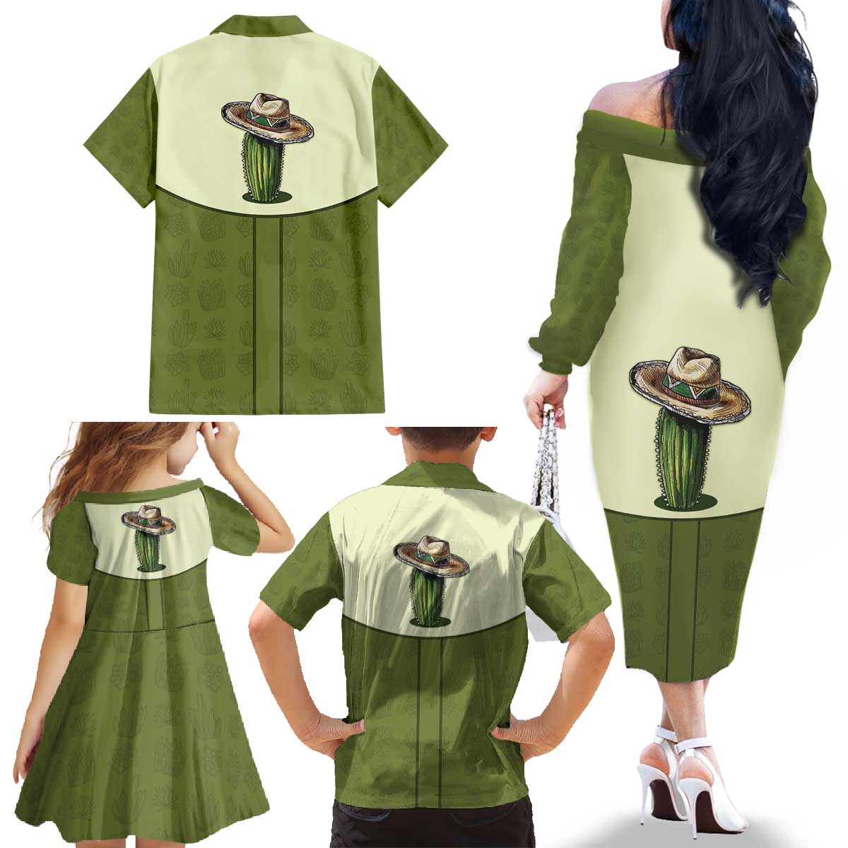Cowboy Family Matching Off The Shoulder Long Sleeve Dress and Hawaiian Shirt Cactus Retro Western Yoke - Wonder Print Shop
