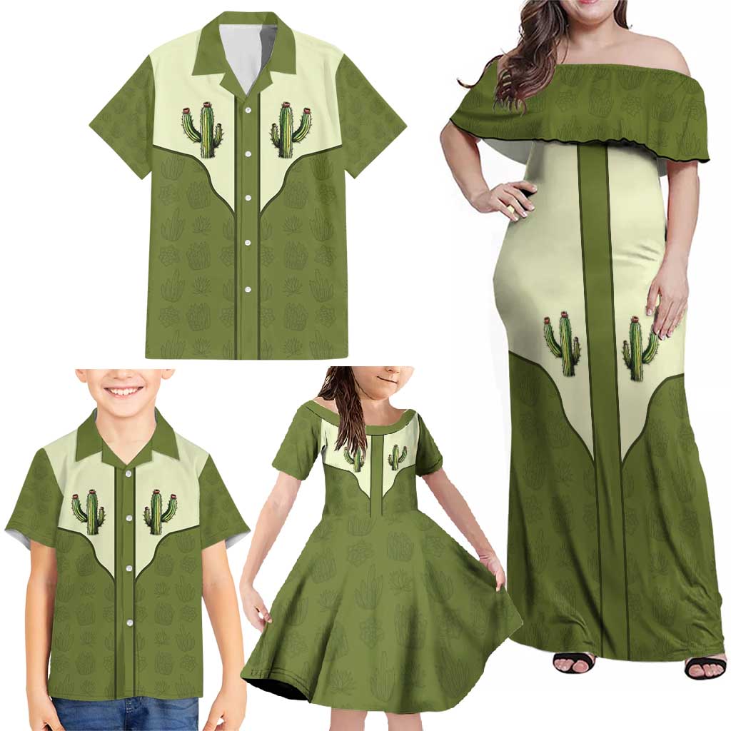 Cowboy Family Matching Off Shoulder Maxi Dress and Hawaiian Shirt Cactus Retro Western Yoke - Wonder Print Shop