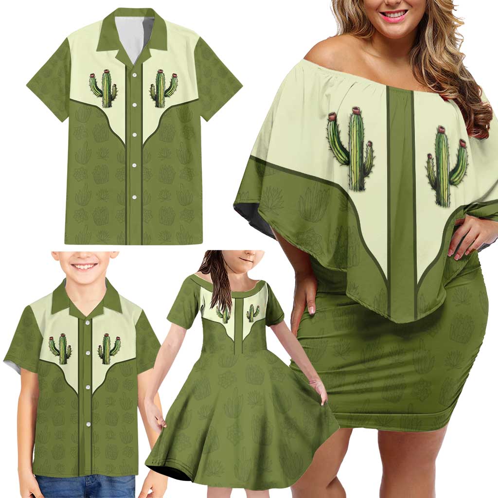Cowboy Family Matching Off Shoulder Short Dress and Hawaiian Shirt Cactus Retro Western Yoke - Wonder Print Shop