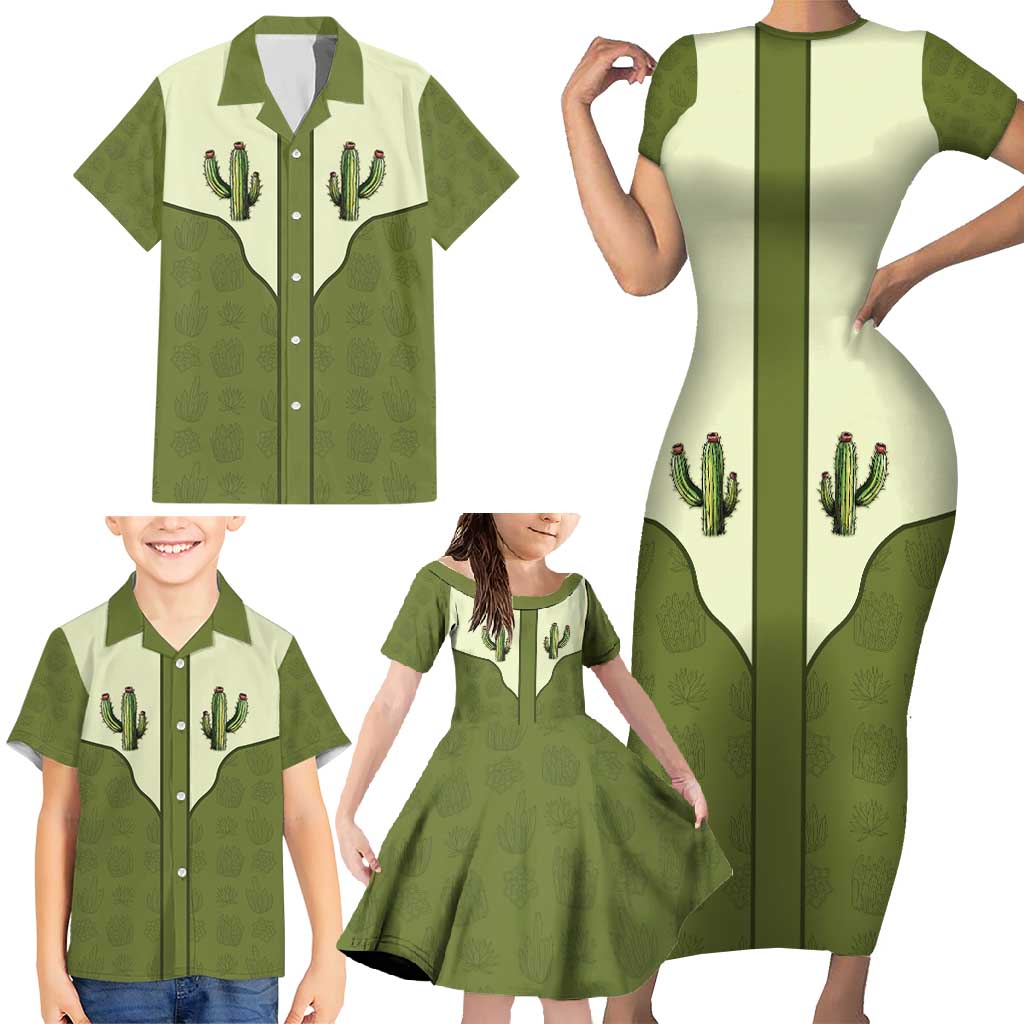 Cowboy Family Matching Short Sleeve Bodycon Dress and Hawaiian Shirt Cactus Retro Western Yoke - Wonder Print Shop