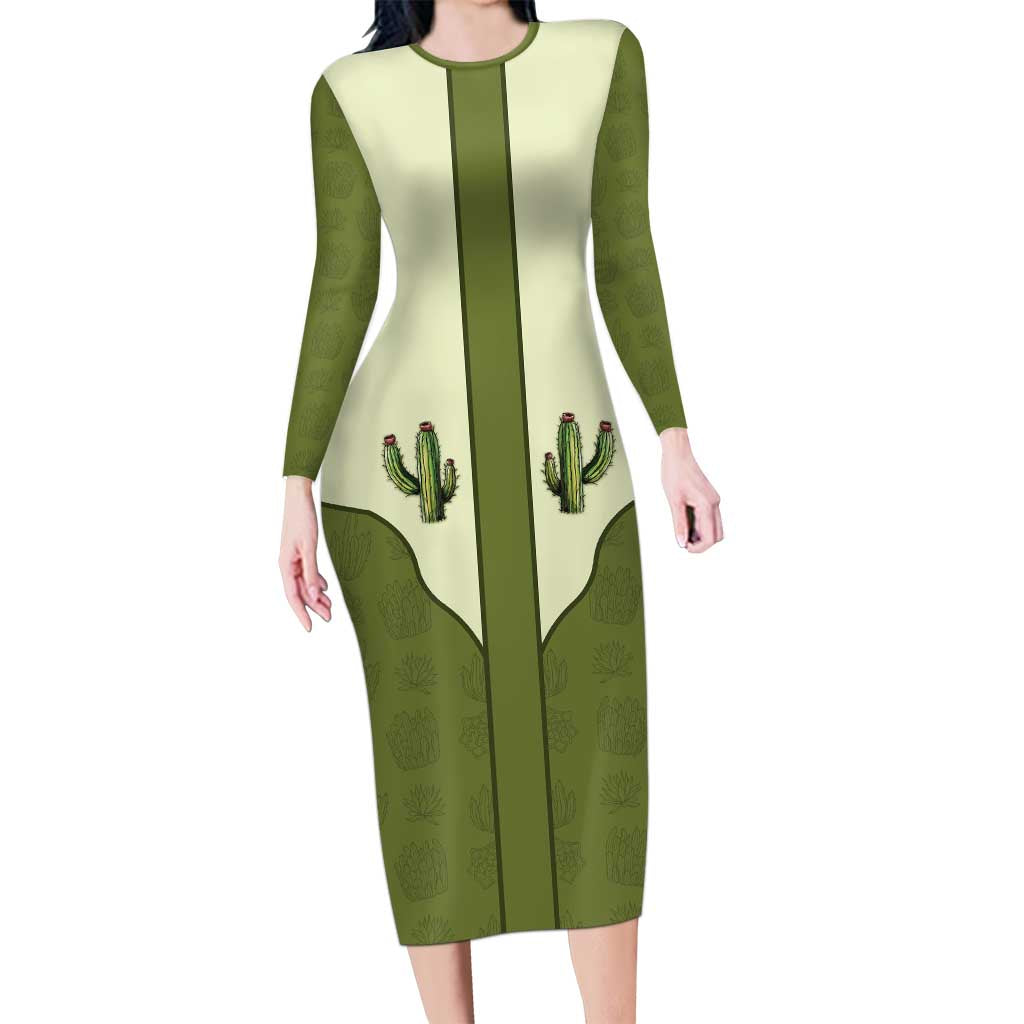 Cowboy Long Sleeve Bodycon Dress Cactus Retro Western Yoke - Wonder Print Shop