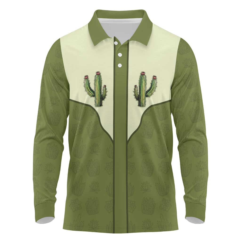 Cowboy Long Sleeve Polo Shirt Cactus Retro Western Yoke - Wonder Print Shop