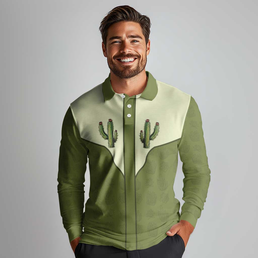 Cowboy Long Sleeve Polo Shirt Cactus Retro Western Yoke - Wonder Print Shop