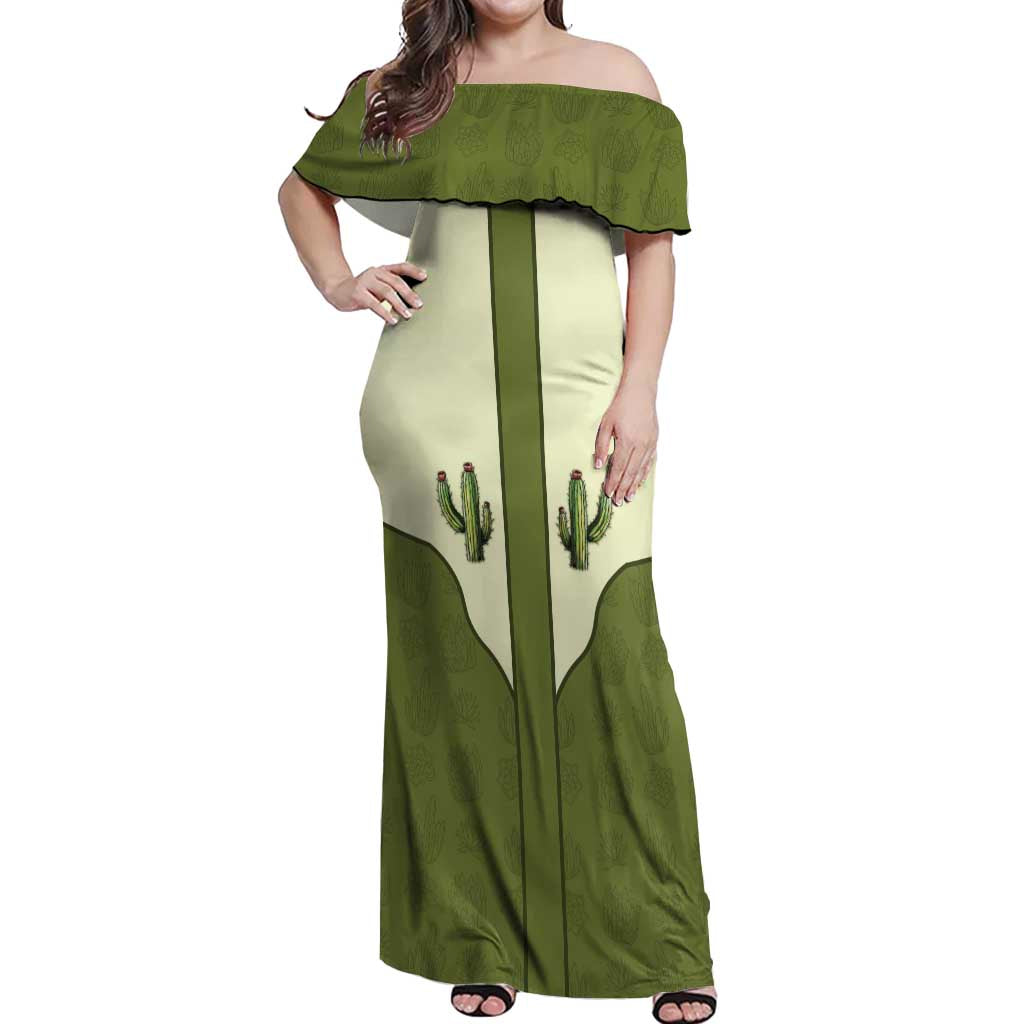 Cowboy Off Shoulder Maxi Dress Cactus Retro Western Yoke - Wonder Print Shop