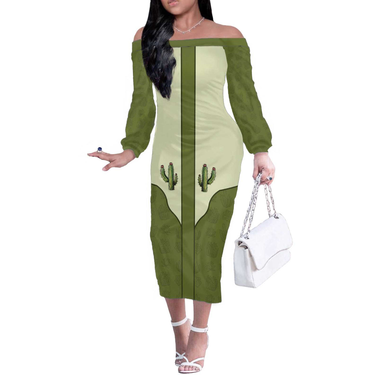 Cowboy Off The Shoulder Long Sleeve Dress Cactus Retro Western Yoke - Wonder Print Shop