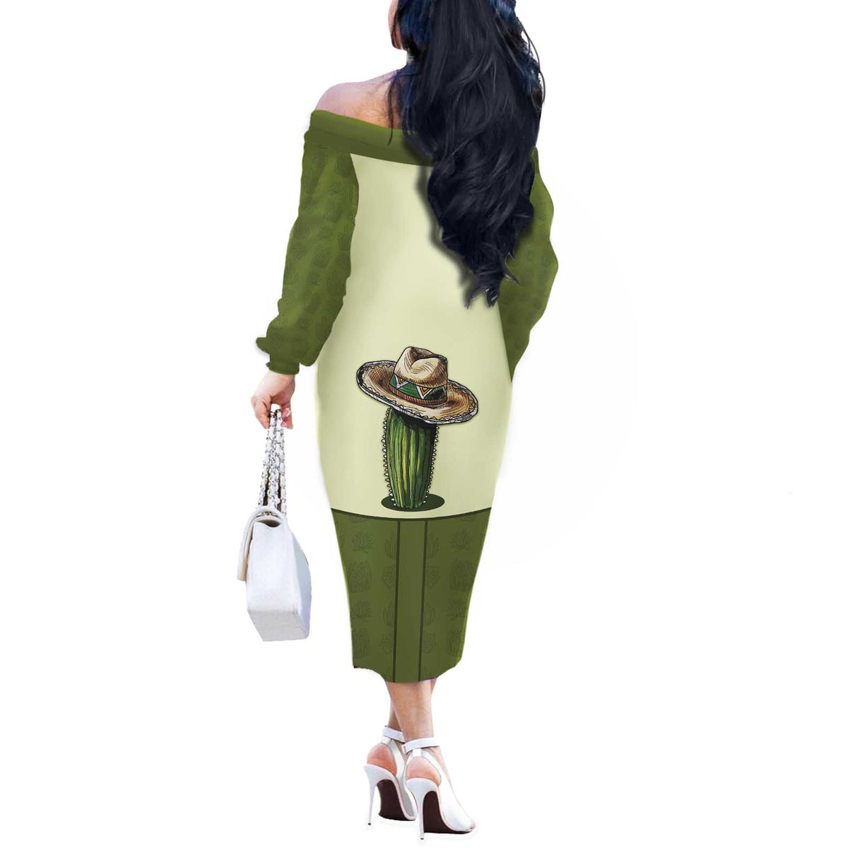 Cowboy Off The Shoulder Long Sleeve Dress Cactus Retro Western Yoke - Wonder Print Shop