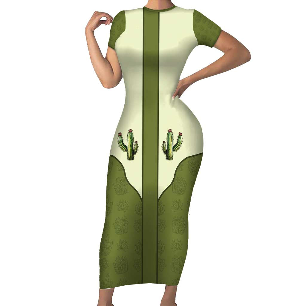 Cowboy Short Sleeve Bodycon Dress Cactus Retro Western Yoke - Wonder Print Shop