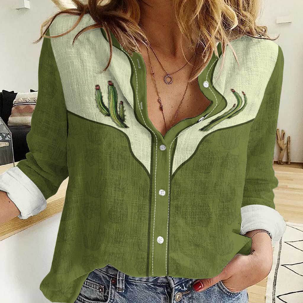 Cowboy Women Casual Shirt Cactus Retro Western Yoke - Wonder Print Shop