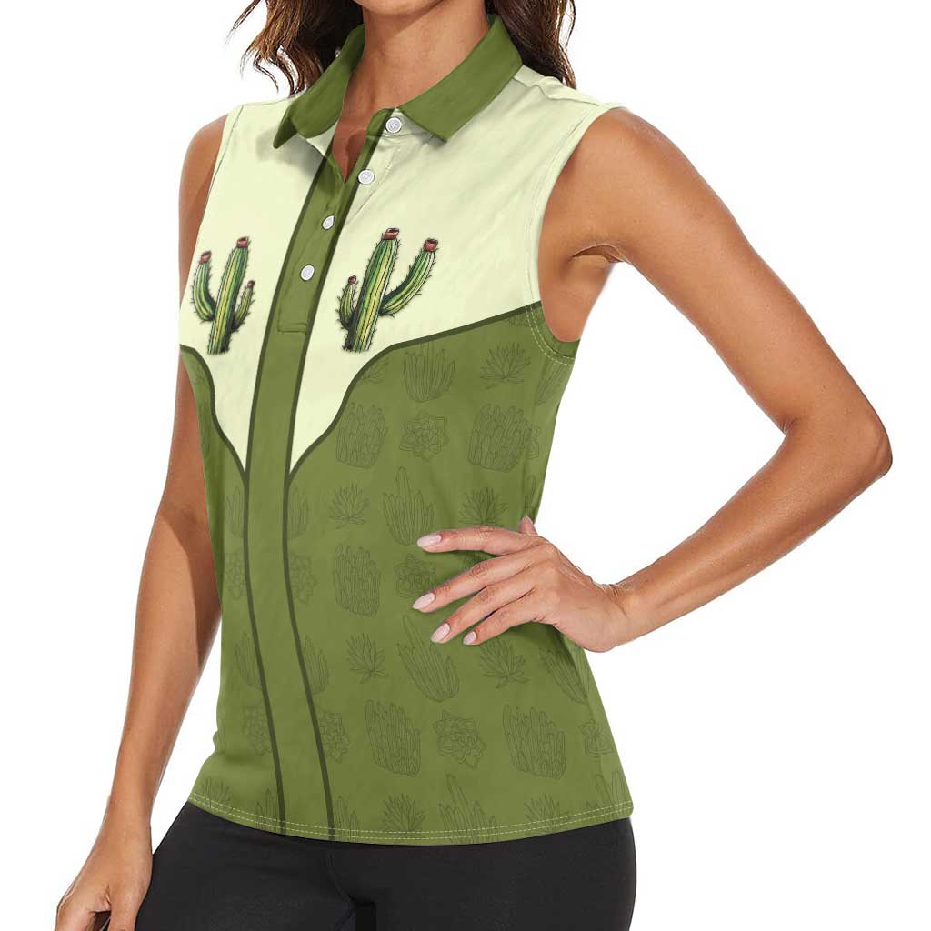 Cowboy Women Sleeveless Polo Shirt Cactus Retro Western Yoke - Wonder Print Shop