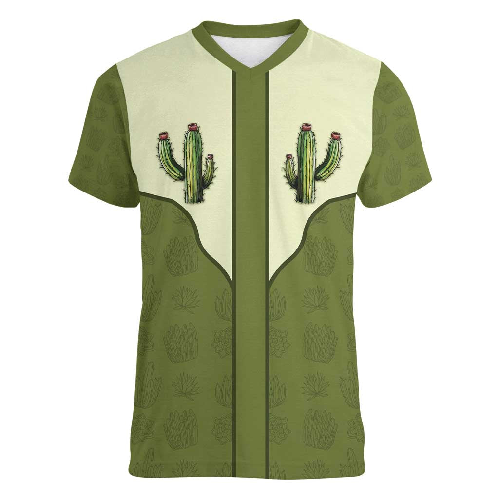 Cowboy Women V-Neck T-Shirt Cactus Retro Western Yoke - Wonder Print Shop