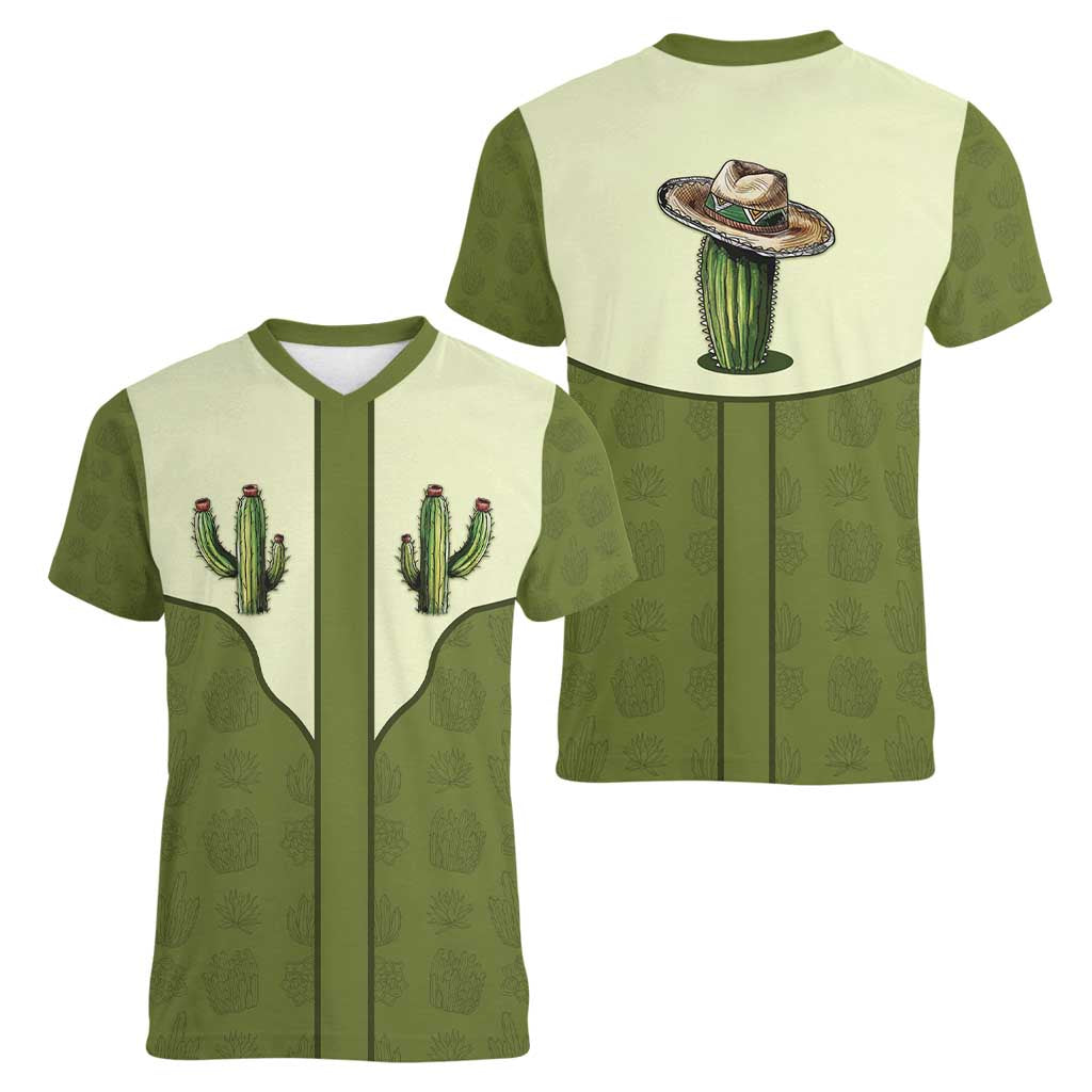 Cowboy Women V-Neck T-Shirt Cactus Retro Western Yoke - Wonder Print Shop