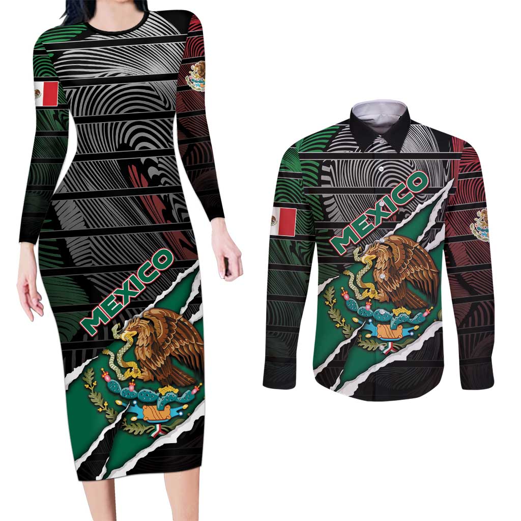 Personalized Mexico Couples Matching Long Sleeve Bodycon Dress and Long Sleeve Button Shirt Mexican Patriotic Eagle Emblem - Fierce National Pride - Wonder Print Shop