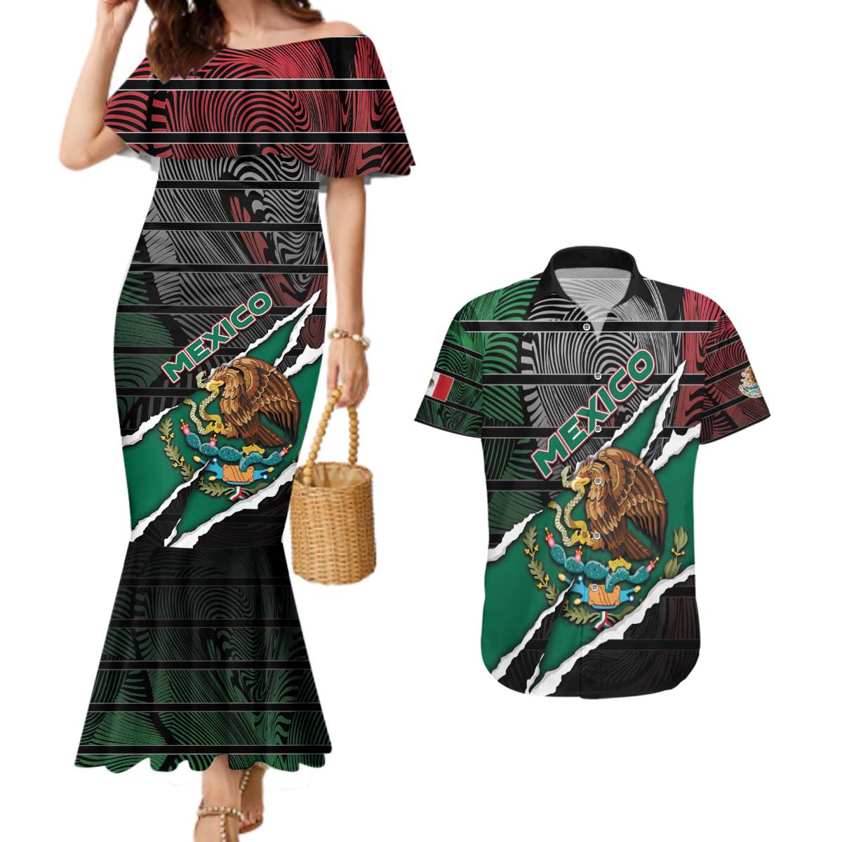 Personalized Mexico Couples Matching Mermaid Dress and Hawaiian Shirt Mexican Patriotic Eagle Emblem - Fierce National Pride - Wonder Print Shop