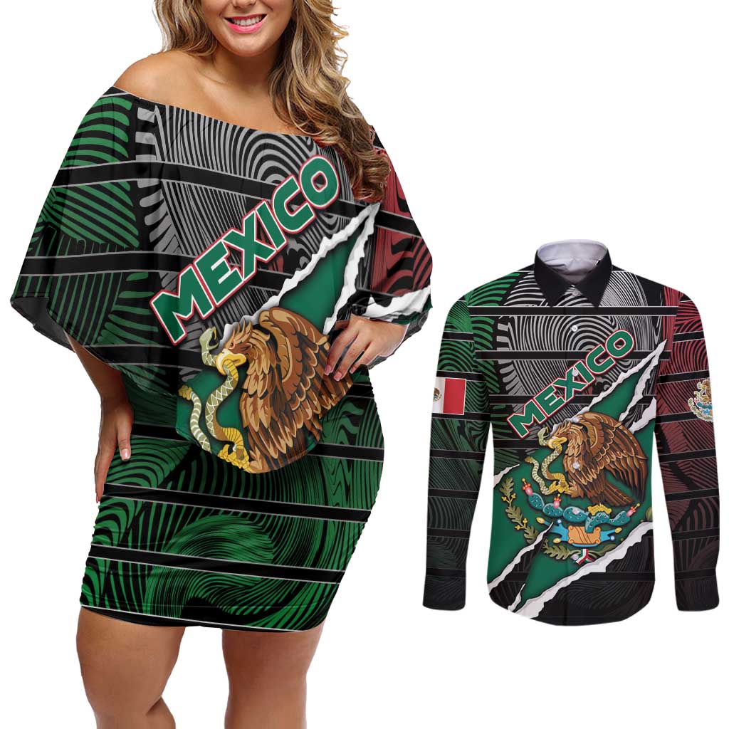 Personalized Mexico Couples Matching Off Shoulder Short Dress and Long Sleeve Button Shirt Mexican Patriotic Eagle Emblem - Fierce National Pride - Wonder Print Shop