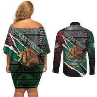 Personalized Mexico Couples Matching Off Shoulder Short Dress and Long Sleeve Button Shirt Mexican Patriotic Eagle Emblem - Fierce National Pride - Wonder Print Shop