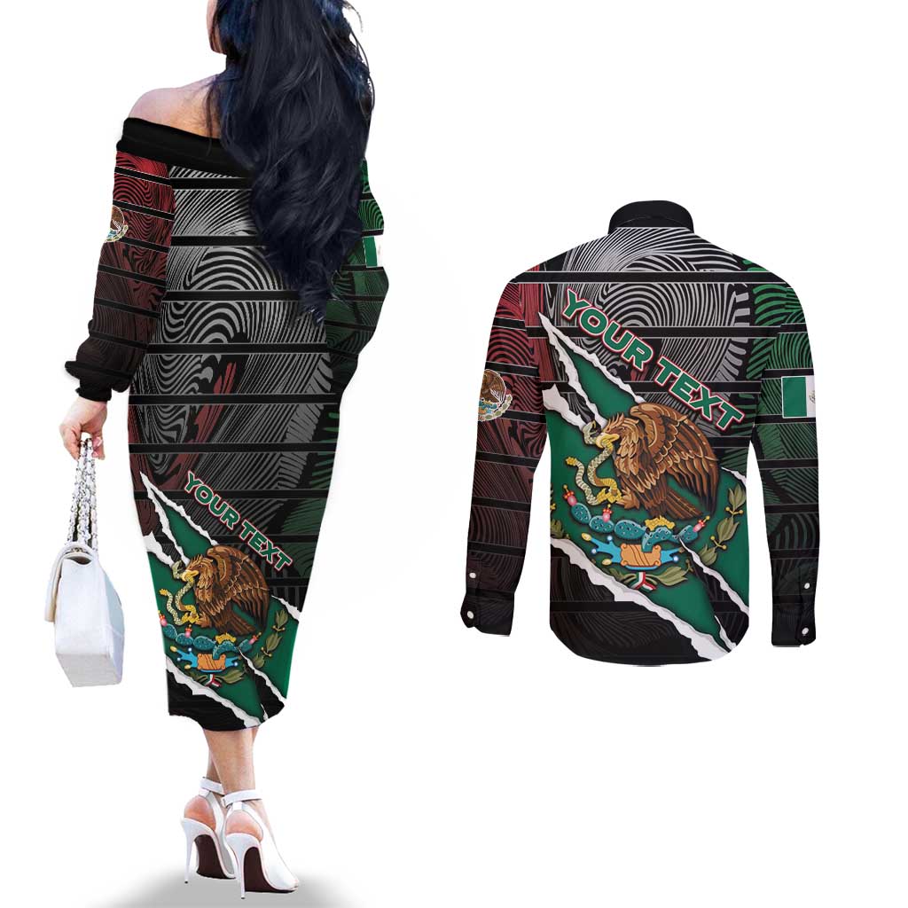 Personalized Mexico Couples Matching Off The Shoulder Long Sleeve Dress and Long Sleeve Button Shirt Mexican Patriotic Eagle Emblem - Fierce National Pride - Wonder Print Shop